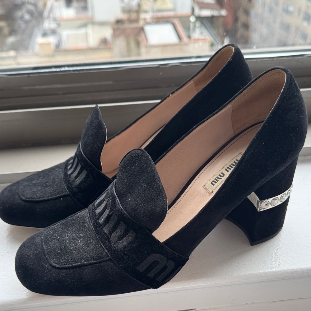 Miu Miu Black Suede Crystal-Accent Loafers